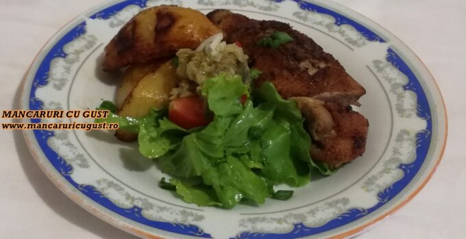 Piept de rata la tigaie cu salata si cartofi trasi in unt
